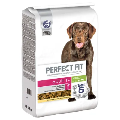 PERFECT FIT adult 1+ dog food, for dogs over 10 kg, 11.5 kg bag, visible text: Good Stool Quality, total 5, rich in chicken. Image shows a brown dog on the packaging.