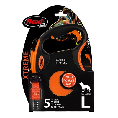 Flexi XTREME laisse à enrouleur, 5 mètres, sangle extra robuste, taille L, pour chiens jusqu’à 65 kg, Made in Germany, couleur orange et noir, texte visible : Multi Box.