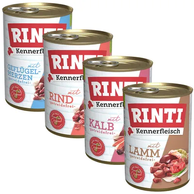 Rinti Kennerfleisch Dosen: Geflügelherzen, Rind, Kalb und Lamm. Getreidefrei, mit Echt-Fleisch-Garantie.