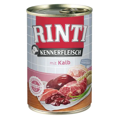 RINTI Kennerfleisch mit Kalb, lattina con immagini di carne e frattaglie. Testo visibile: Getreidefrei, Fleisch pur, ohne Kohlenhydrate, Zusammensetzung verfeinert.