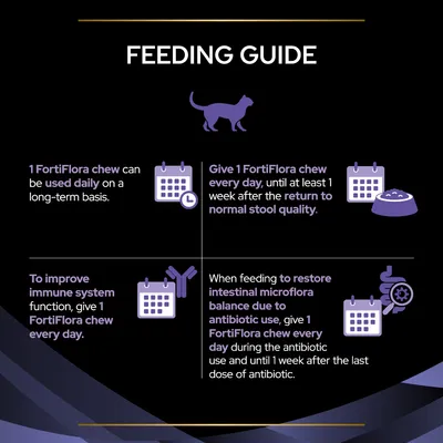 Feeding guide for FortiFlora chews: 1 chew daily long-term, 1 chew daily until 1 week after normal stool returns, 1 chew daily to improve immune system, 1 chew daily during and after antibiotics.