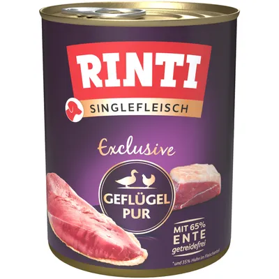 Konzerva Rinti Singlefleisch Exclusive Geflügel Pur, nápis: Mit 65% Ente getreidefrei, zobrazené kúsky mäsa. Text na obale v nemčine.