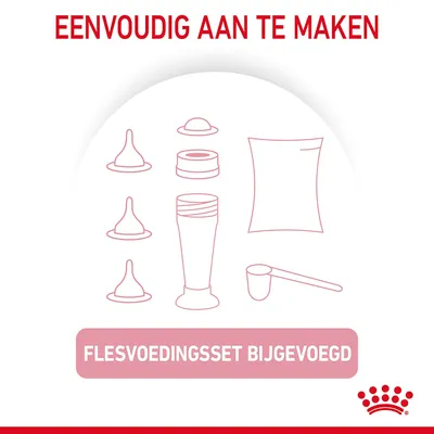 Eenvoudig aan te maken. Flesvoedingsset bijgevoegd. Afbeelding toont fles, spenen, doseerlepel en zakje poeder. Royal Canin merk zichtbaar.
