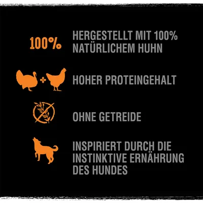 Besedilo v nemščini: Hergestellt mit 100% natürlichem Huhn, Hoher Proteingehalt, Ohne Getreide, Inspiriert durch die instinktive Ernährung des Hundes.