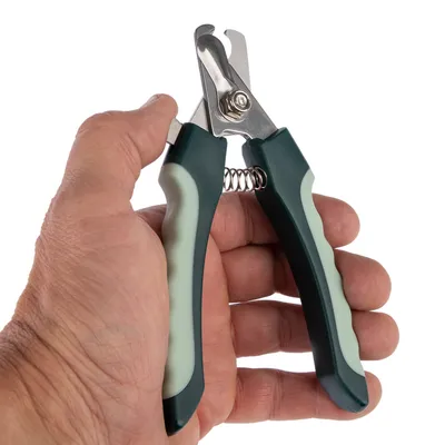 Hand holding a green-black claw scissors with metal blades and spring mechanism, suitable for precise cutting of animal claws.