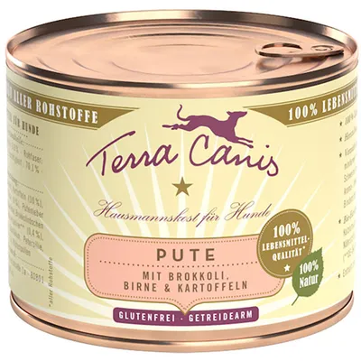 Terra Canis Hausmannskost für Hunde Pute mit Brokkoli, Birne & Kartoffeln. 100 % Lebensmittel-Qualität, 100 % Natur, glutenfrei, getreidearm.
