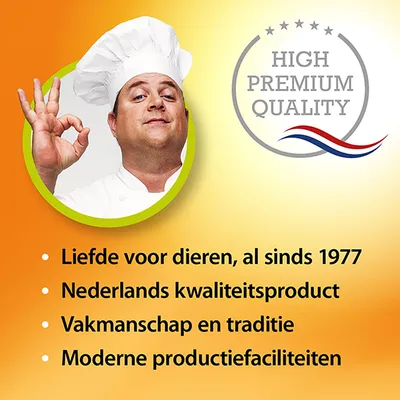 HIGH PREMIUM QUALITY. Liefde voor dieren, al sinds 1977. Nederlands kwaliteitsproduct. Vakmanschap en traditie. Moderne productiefaciliteiten. Text in Dutch.