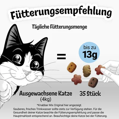 Fütterungsempfehlung für ausgewachsene Katze (4kg): Tägliche Menge bis zu 13g oder 35 Stück. Frisches Trinkwasser bereitstellen und Hauptmahlzeit anpassen.