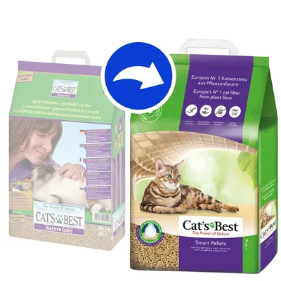 Cat's Best Nature Gold ja Cat's Best Smart Pellets kissanhiekat pakkauksissa, näkyvissä tuotemerkit ja tekstit: 'Europe's No 1 cat litter from plant fibre', kuva kissasta, nuoli osoittaa vaihtoa.