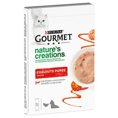 Purina Gourmet Nature's Creations Exquisite Puree Snack mit Rind und Tomate. Verpackung zeigt Produktabbildung und Hinweise auf natürliche Zutaten. Inhalt: 5x10g.