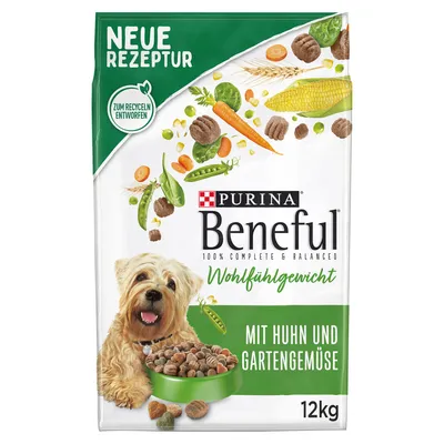 Purina Beneful Wohlfühlgewicht, ny sammansättning, med kyckling och trädgårdsgrönsaker, 12 kg. Förpackning visar hund och ingredienser som ärtor, morötter, majs. Designad för återvinning.