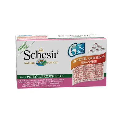 Schesir Nature for Cat, filets de poulet avec jambon, 6 x 50 g. Texte visible : six portions toujours fraîches et sans gaspillages. Mention natural jelly.