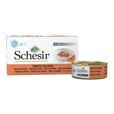 Schesir Thon avec papaye en gelée, boîte de 6 x 50 g. Texte visible : in jelly, tonnetto con papaya, tuna with papaya, thon avec papaye. Image d’une boîte et d’un emballage.