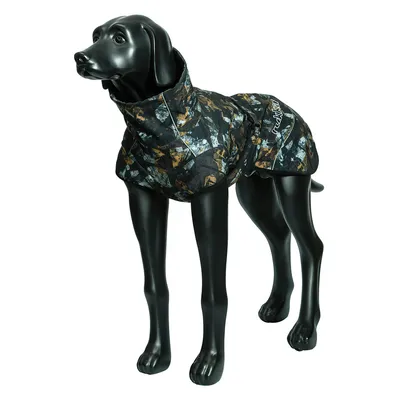 Black dog coat with camouflage pattern, high collar and side logo print on a black dog mannequin.