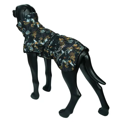 Dog coat with camouflage pattern, brand Hurtta, model Runkeer. Shown on a black dog mannequin.