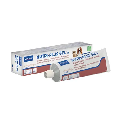 Virbac Nutri-Plus Gel, Energieunterstützung mit Multivitaminen und Mineralien für Katzen und Hunde. Verpackung zeigt Tube und Produktdetails.