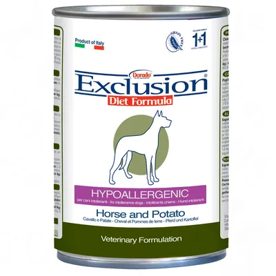 Dorado Exclusion Diet Formula, hypoallergent hundfoder med häst och potatis. Produkt från Italien, spannmålsfri, veterinärmedicinsk formula.