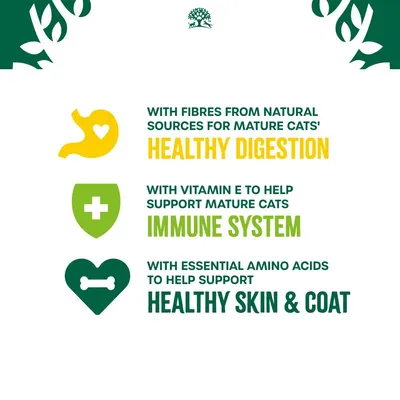 Fibre from natural sources for mature cats' healthy digestion, vitamin E for immune system, and essential amino acids for healthy skin and coat.