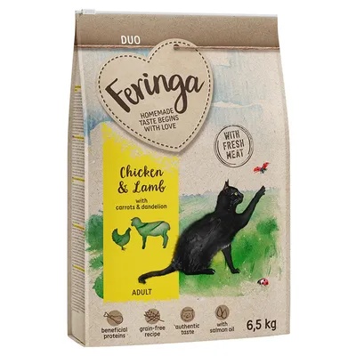 Feringa Chicken & Lamb with carrots & dandelion, recette sans céréales, huile de saumon, protéines bénéfiques, 6,5 kg, pour chat adulte. Texte en anglais sur l’emballage.
