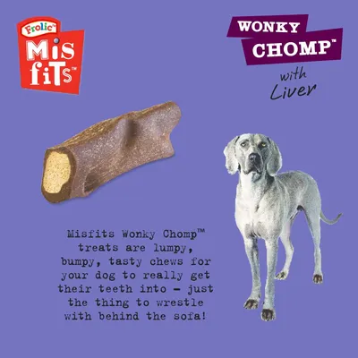 Misfits Wonky Chomp treats with liver are lumpy, bumpy chews for dogs to enjoy. Text describes them as tasty chews perfect for dogs to get their teeth into and play with.