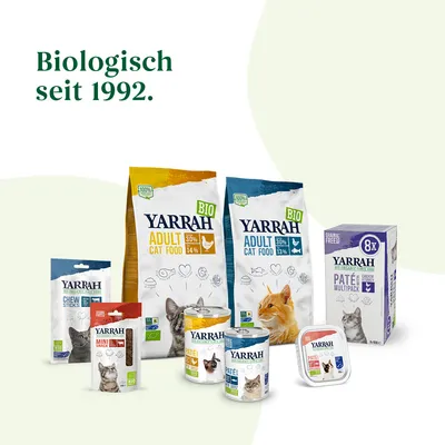 Yarrah Bio-корм для кошек, органический с 1992 года. Разные продукты: сухой корм, влажный корм, лакомства. 100% био, без зерна, с информацией о питательности и упаковке.