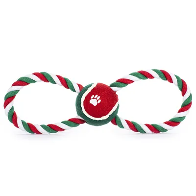 Hračka pre psa z textilného lana v tvare osmičky, červeno-zeleno-biela farba, v strede loptička s bielou stopou labky.