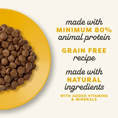 Tekst w języku angielskim: made with minimum 80% animal protein, grain free recipe, made with natural ingredients, with added vitamins & minerals. Obraz karmy na żółtym talerzu.