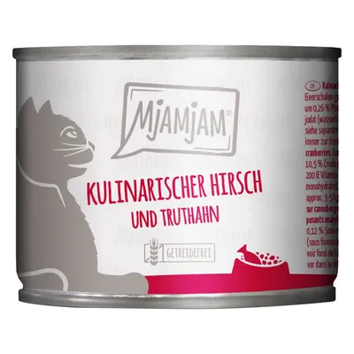 Mjamjam Kulinarischer олень и индейка, без зерна. Изображение кошки и миски для корма на банке.