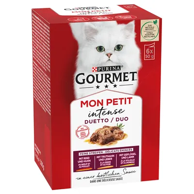 Purina Gourmet Mon Petit Intense Duetto/Duo, fina strimlor med nötkött och kyckling, kalkon och lever, fjäderfä och lamm i utsökt sås. Förpackning innehåller 6x50g.