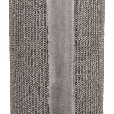 Rascador de columna con tejido de sisal gris y banda central de felpa suave.