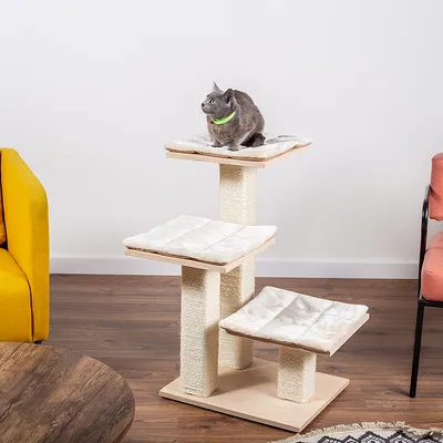 Kratzbaum mit drei Ebenen aus Holz und Sisal, gepolsterte Liegeflächen in Weiss. Graue Katze sitzt auf oberster Plattform.