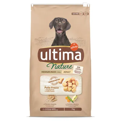 Ultima Nature Adult Medium-Maxi with fresh chicken, whole grains, vegetables and apple. No colourings or preservatives. Steam-cooked. Pack size: 7kg.