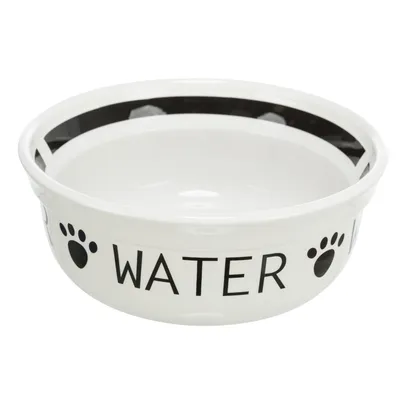 Vit vattenskål med svart tassmönster och texten 'WATER' på utsidan.