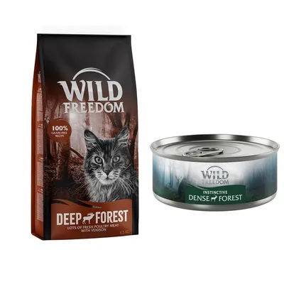 Wild Freedom Deep Forest dry cat food 6.5kg bag, 100% grain-free recipe, and Wild Freedom Instinctive Dense Forest wet food tin shown side by side. Visible text only.