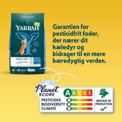 Yarrah Bio Adult Kat med kylling & fisk, Planet Score A for pesticider, biodiversitet og klima. Produktionsmetode. Garanti for pesticidfrit foder. Yarrah Bio Adult Kat med kylling & fisk, Planet Score A for pesticider, biodiversitet og klima. Produktionsmetode. Garanti for pesticidfrit foder.