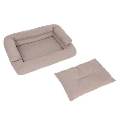 Panier rectangulaire pour animal en tissu beige avec coussin amovible assorti, les deux éléments sont visibles séparément sur fond blanc.