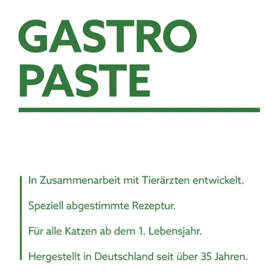 Gastro Paste. In Zusammenarbeit mit Tierärzten entwickelt. Speziell abgestimmte Rezeptur. Für alle Katzen ab dem 1. Lebensjahr. Hergestellt in Deutschland seit über 35 Jahren.