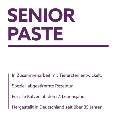 Texte en allemand : SENIOR PASTE. Développé avec des vétérinaires, recette adaptée, pour chats dès 7 ans, fabriqué en Allemagne depuis plus de 35 ans.