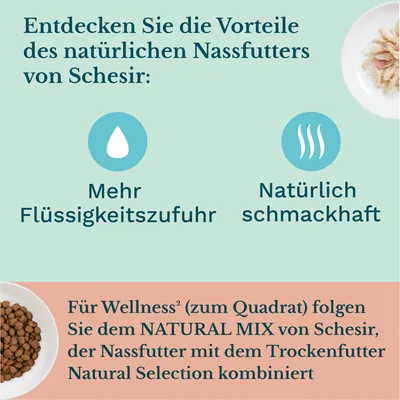 Entdecken Sie die Vorteile des natürlichen Nassfutters von Schesir: Mehr Flüssigkeitszufuhr, natürlich schmackhaft. Kombinieren Sie Nassfutter mit Trockenfutter für Wellness².