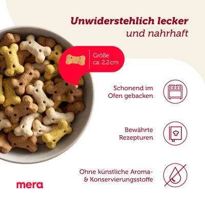 mera. Größe ca. 2,2 cm. Schonend im Ofen gebacken. Bewährte Rezepturen. Ohne künstliche Aroma- & Konservierungsstoffe. Texte en allemand.