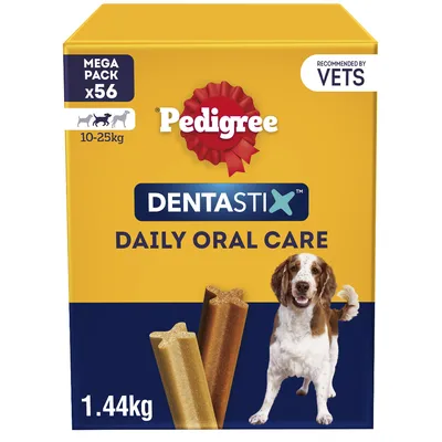 Pedigree Dentastix Daily Oral Care, mega pack of 56 for 10-25kg, recommended by vets, 1.44kg box shown with two dental sticks and a dog image.