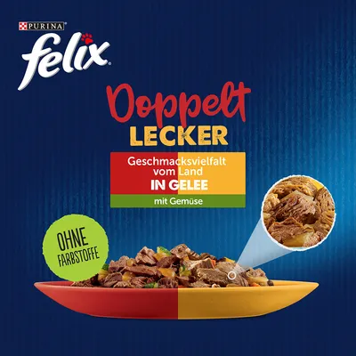 Purina Felix Doppelt Lecker, Geschmacksvielfalt vom Land in Gelee mit Gemüse. Ohne Farbstoffe.