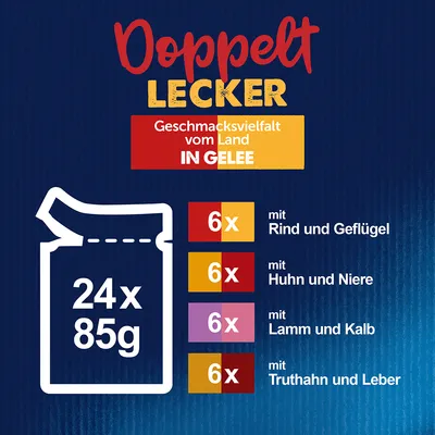 Doppelt Lecker Geschmacksvielfalt vom Land in Gelee. Packungsinhalt: 24x85g, je 6x mit Rind und Geflügel, Huhn und Niere, Lamm und Kalb, Truthahn und Leber.