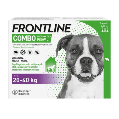 Frontline Combo spot-on dla psów L, 3 pipetki 2,68 ml. Fipronil 10% w/v + (S)-metopren 9% w/v. Zabija pchły, kleszcze i wszoły. Psy L 20–40 kg. Boehringer Ingelheim.