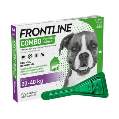 FRONTLINE Combo Spot-On dla psów L, 3 pipetki 2,68 ml, fipronil 10% + (S)-metopren 9%, psy 20–40 kg. Zwalcza pchły, kleszcze i wszoły. Boehringer Ingelheim.