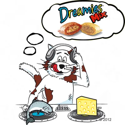 Рисованный кот в наушниках у диджейского пульта, думает о лакомствах Dreamies Mix; видны кусочки корма и надпись Dreamies Mix.