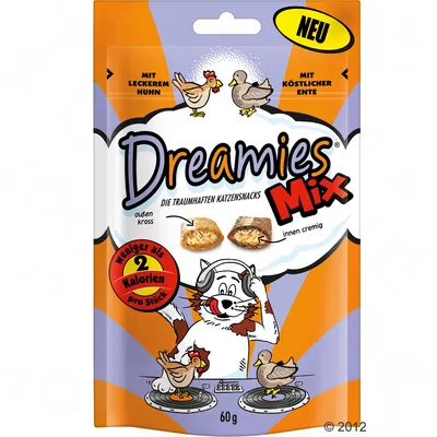Dreamies Mix snacks pour chats, 60 g, saveurs poulet et canard, moins de 2 calories par pièce, emballage avec illustrations de chat, poule et canard. Texte en allemand visible.