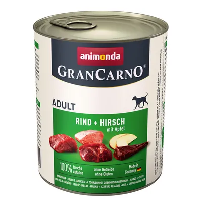 Animonda GranCarno Adult wołowina + jeleń z jabłkiem. 100% świeżych składników, bez zbóż i glutenu, wyprodukowano w Niemczech.