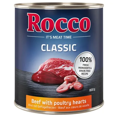 Rocco Classic Dose, 800g. Rind mit Geflügelherzen, 100% frische Zutaten und getreidefreie Rezeptur.