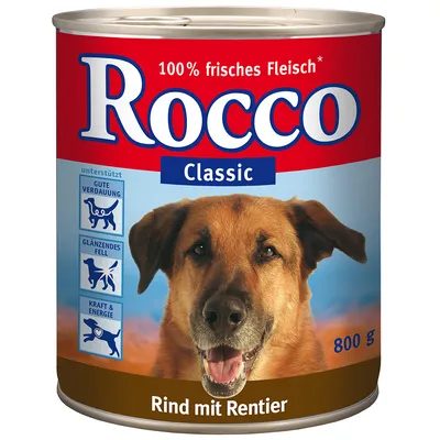 Blik Rocco Classic 800 g, opschrift: 100% frisches Fleisch, Rind mit Rentier. Pictogrammen: ondersteunt goede vertering, glanzende vacht, kracht & energie.